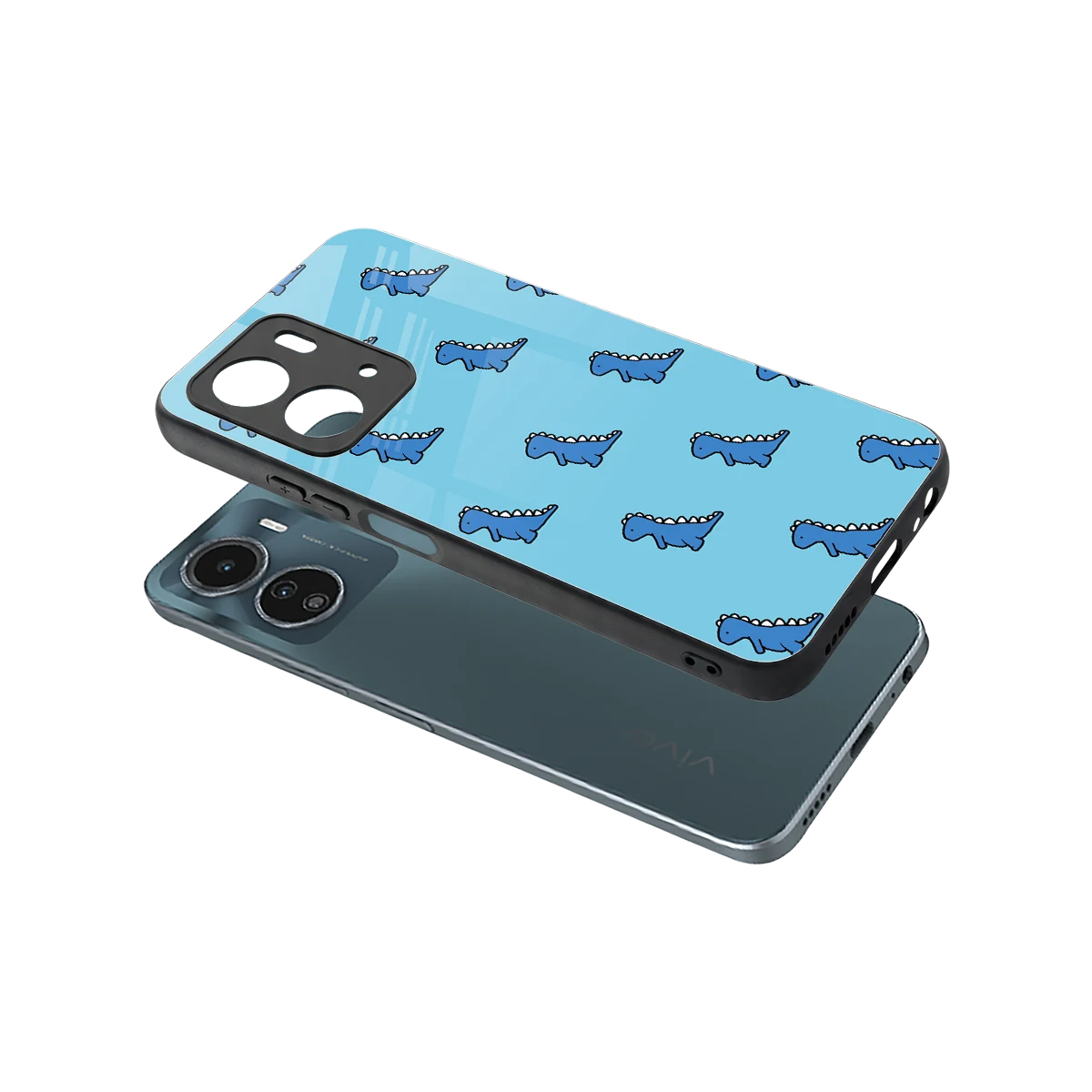 Dino Blue sleek vivo y16 cover with tempered glass back and TPU edges