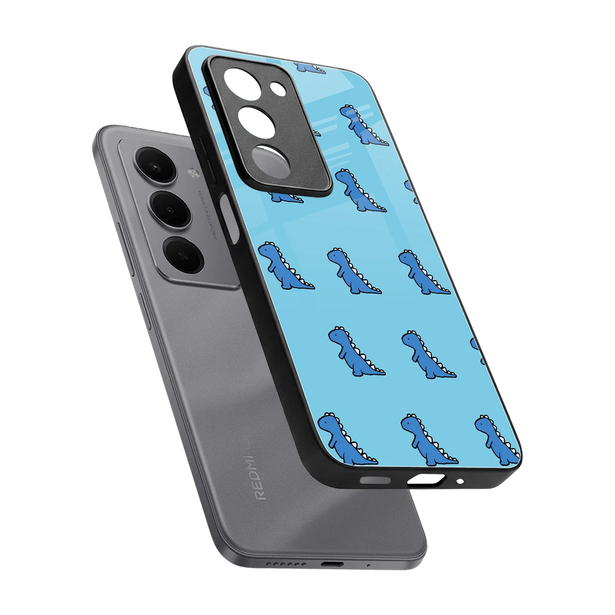 Dino Blue sleek redmi 15 5g cover with tempered glass back and TPU edges