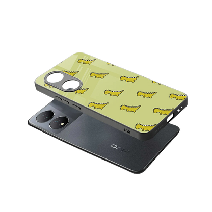 Dino Golden sleek Vivo-y100 cover with tempered glass back and TPU edges