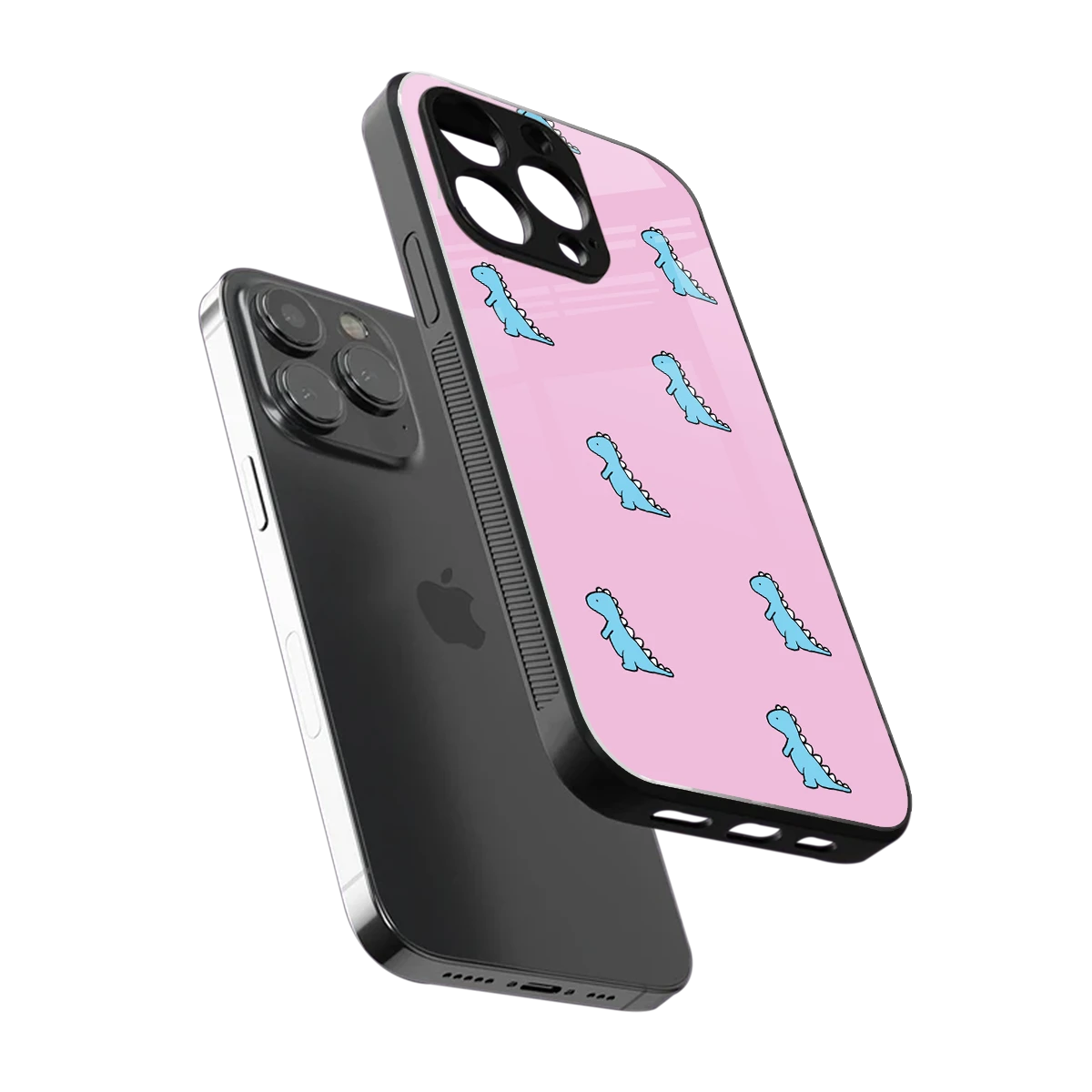 Dino Pink sleek iphone 15 pro max cover with tempered glass back and TPU edges