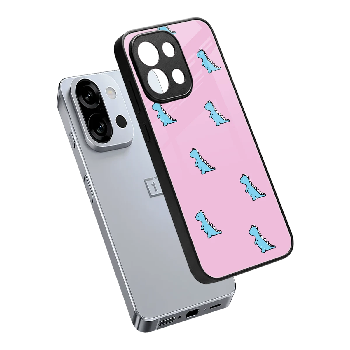 Dino Pink sleek oneplus 13s cover with tempered glass back and TPU edges