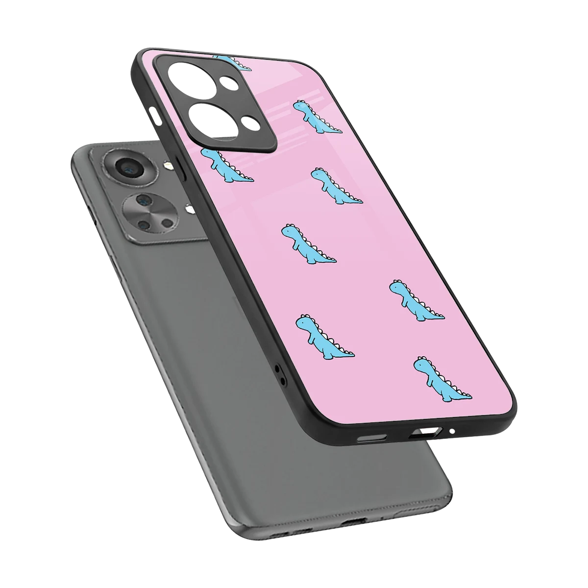 Dino Pink sleek oneplus nord 2t cover with tempered glass back and TPU edges