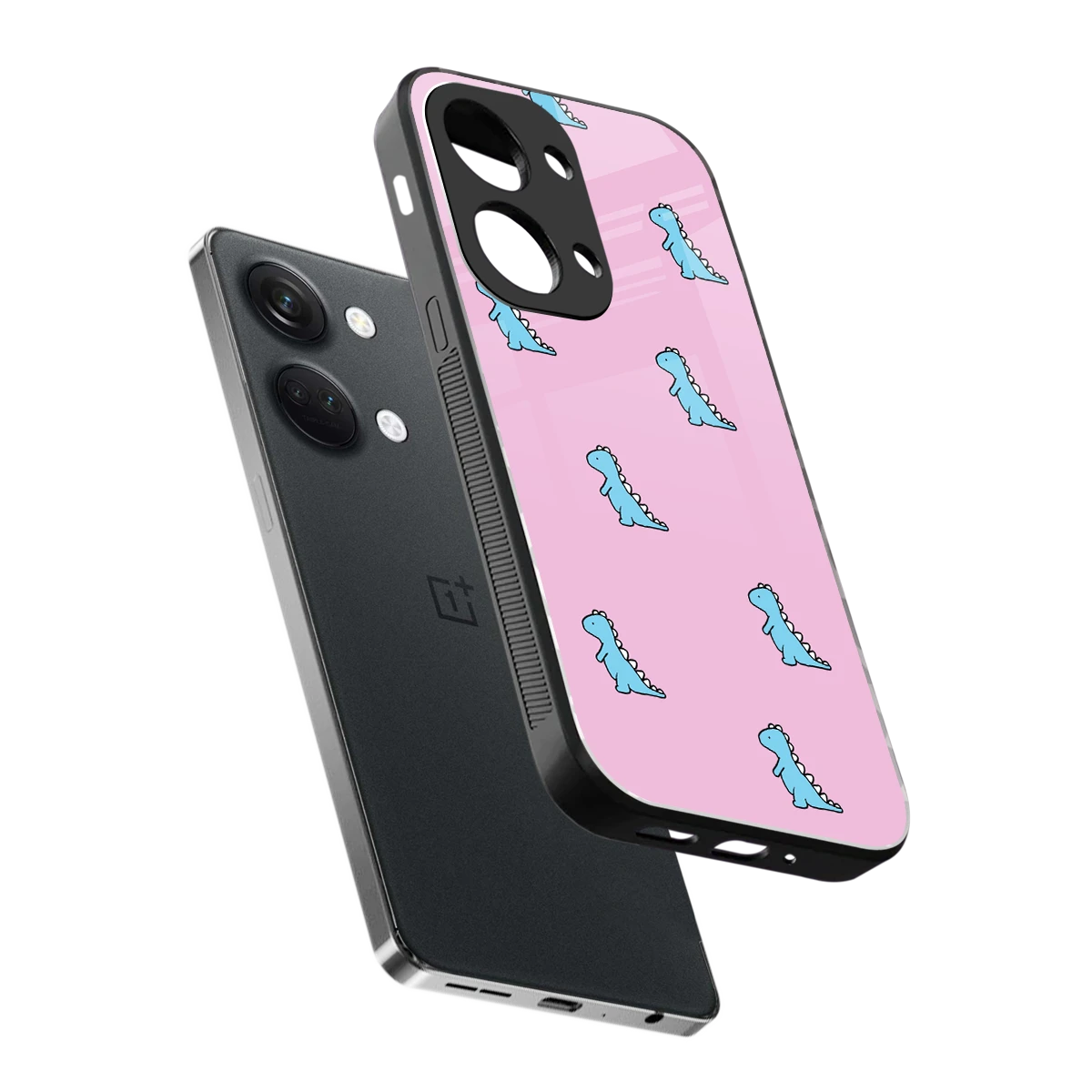 Dino Pink sleek oneplus nord 3 cover with tempered glass back and TPU edges