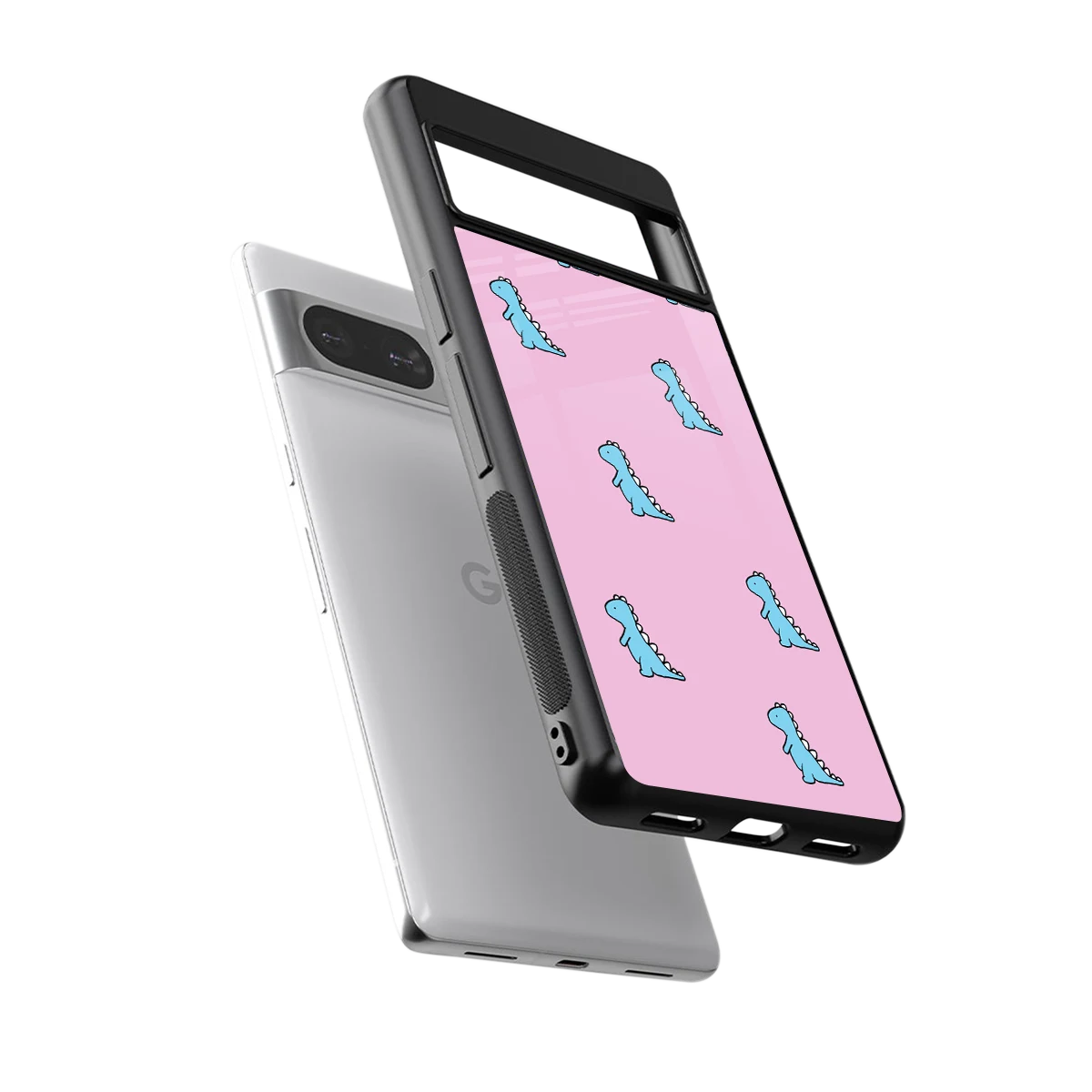 Dino Pink sleek google pixel 8 cover with tempered glass back and TPU edges
