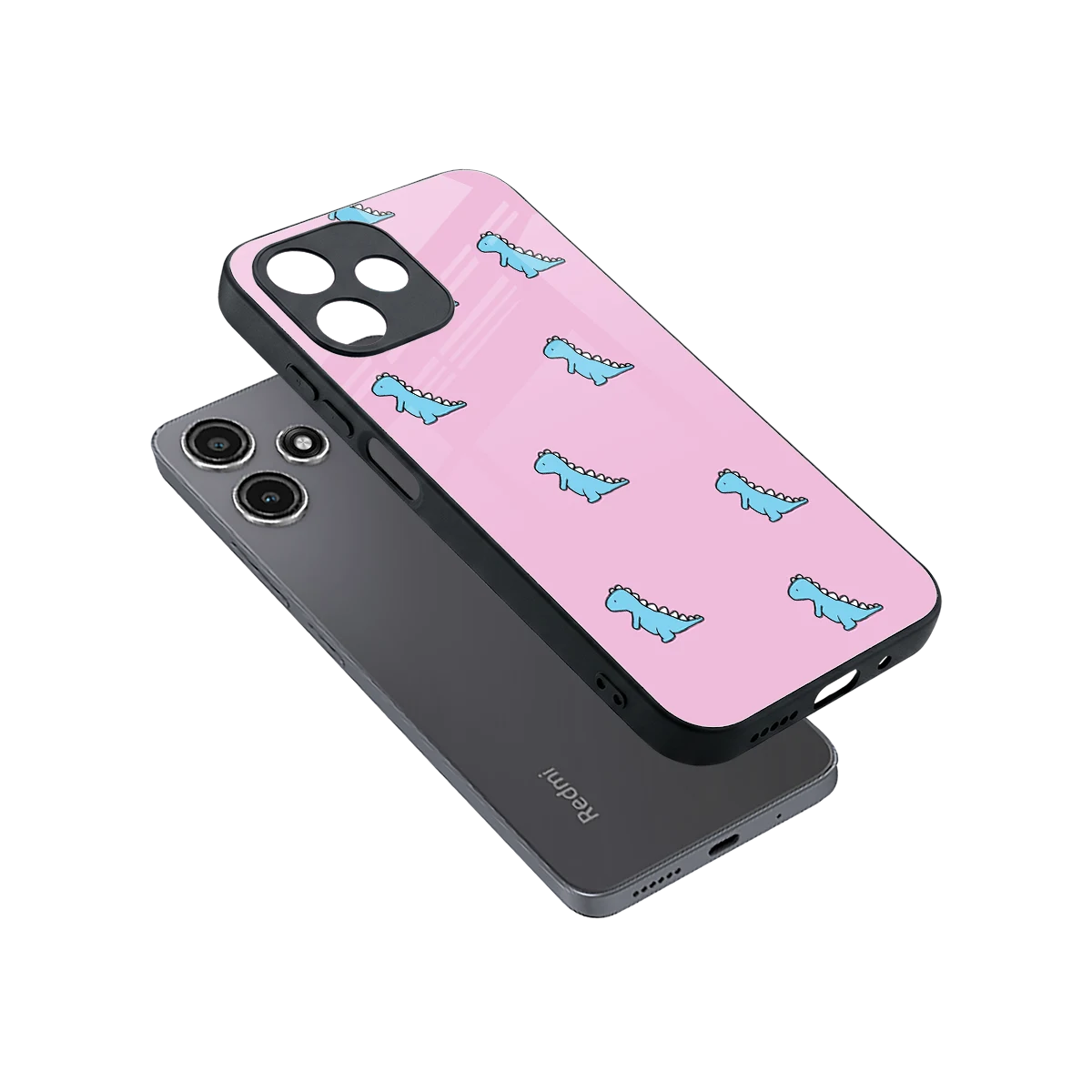 Dino Pink sleek redmi 12 5g cover with tempered glass back and TPU edges