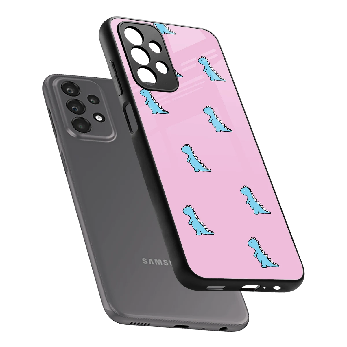 Dino Pink sleek samsung galaxy a23 cover with tempered glass back and TPU edges