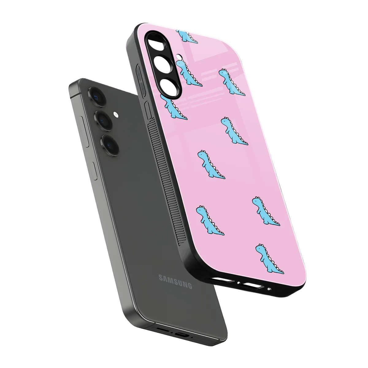 Dino Pink sleek samsung galaxy m55 5g cover with tempered glass back and TPU edges