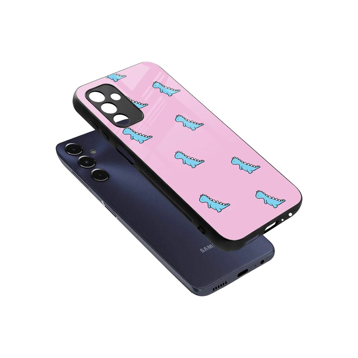 Dino Pink sleek samsung galaxy m14 5g cover with tempered glass back and TPU edges
