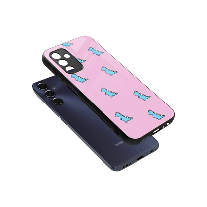 Dino Pink sleek samsung galaxy m14 5g cover with tempered glass back and TPU edges