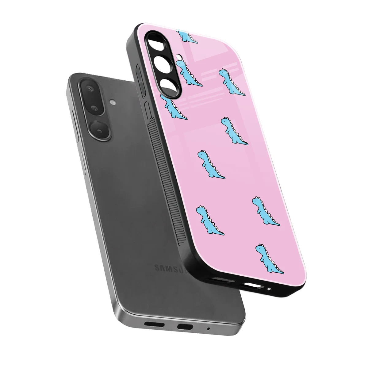 Dino Pink sleek samsung galaxy m36 5g cover with tempered glass back and TPU edges