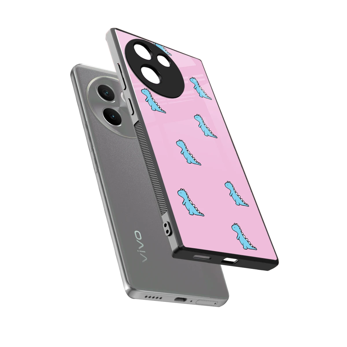 Dino Pink sleek vivo v30e cover with tempered glass back and TPU edges