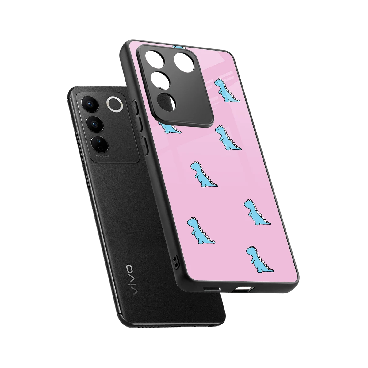 Dino Pink sleek vivo v27 5g cover with tempered glass back and TPU edges