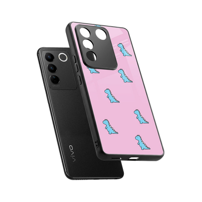 Dino Pink sleek vivo v27 5g cover with tempered glass back and TPU edges