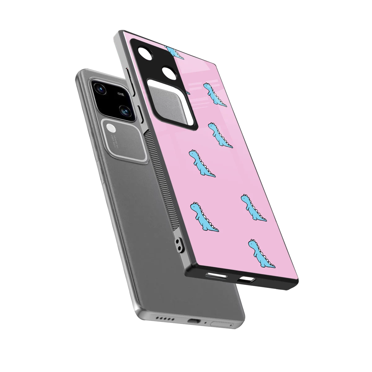 Dino Pink sleek vivo v30 cover with tempered glass back and TPU edges