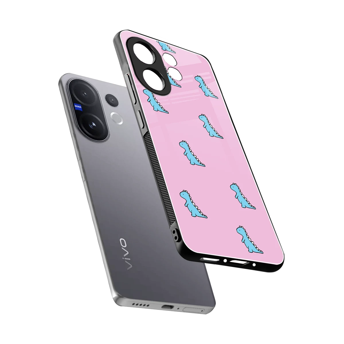 Dino Pink sleek vivo v60 cover with tempered glass back and TPU edges