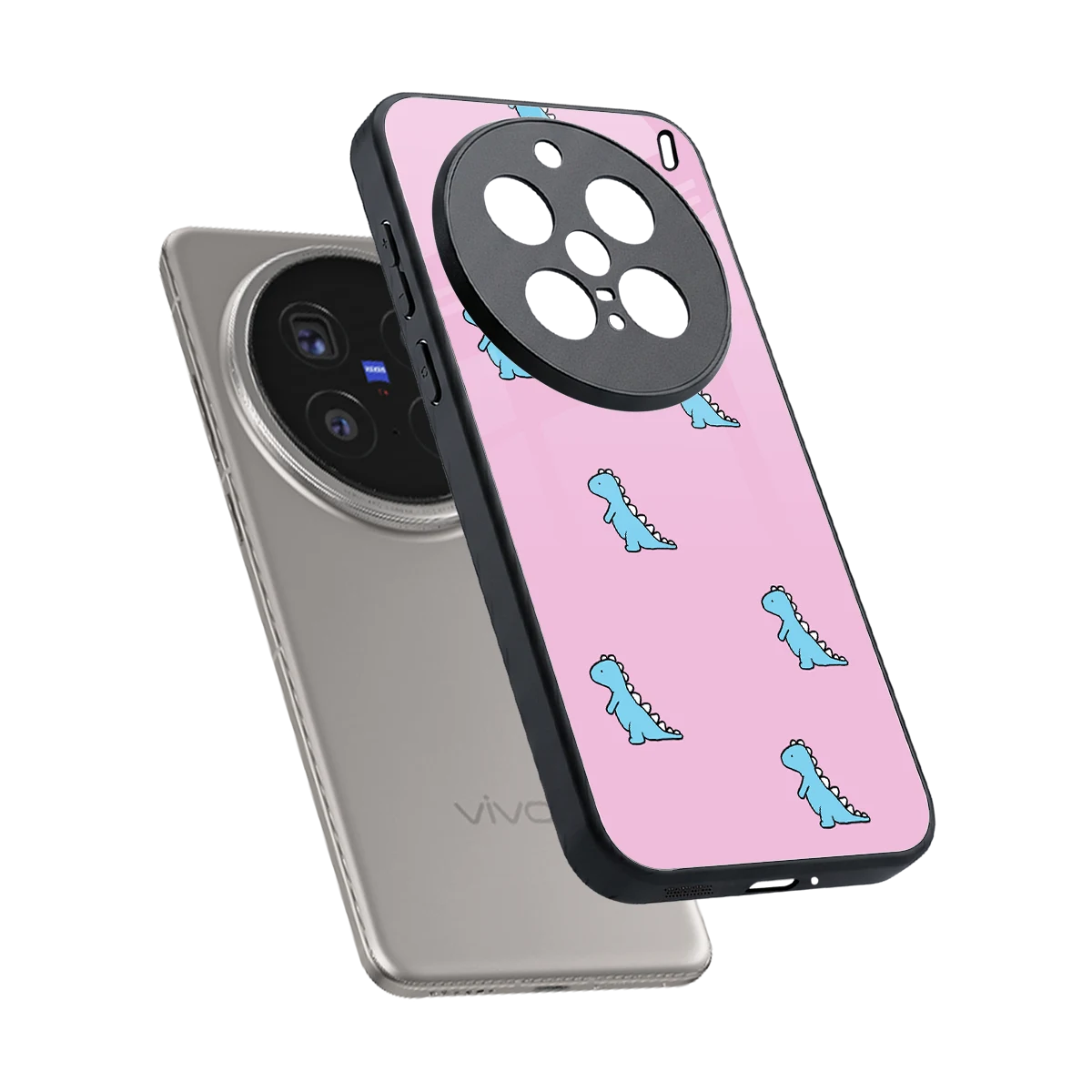 Dino Pink sleek vivo x200 pro cover with tempered glass back and TPU edges