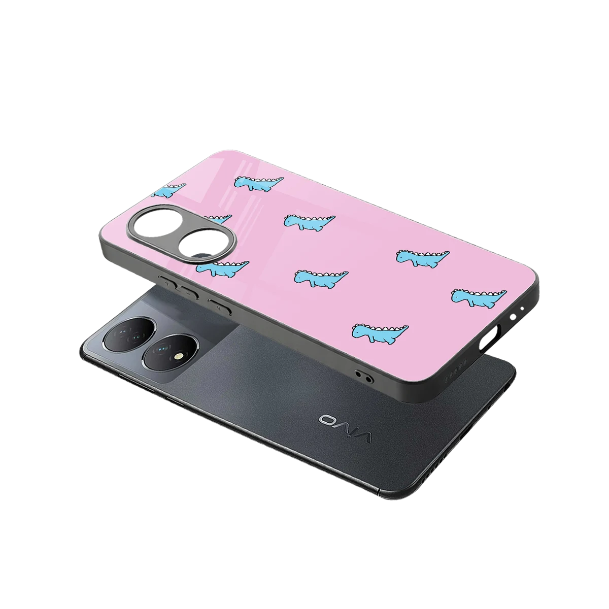Dino Pink sleek Vivo-y100 cover with tempered glass back and TPU edges