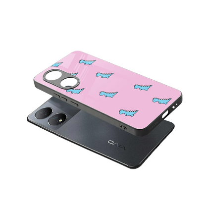 Dino Pink sleek Vivo-y100 cover with tempered glass back and TPU edges