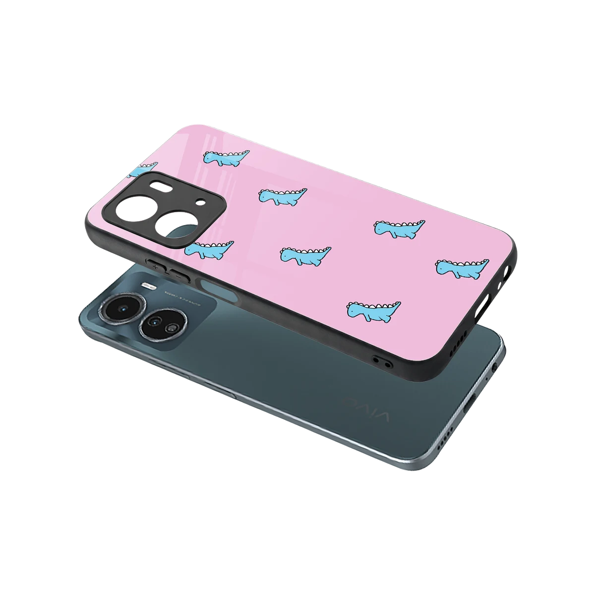 Dino Pink sleek vivo y16 cover with tempered glass back and TPU edges