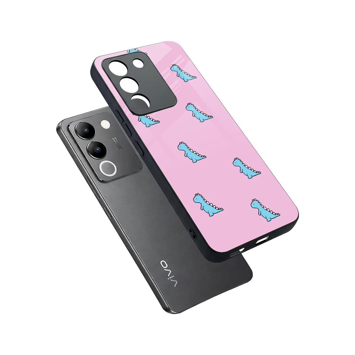 Dino Pink sleek vivo y200 5g cover with tempered glass back and TPU edges