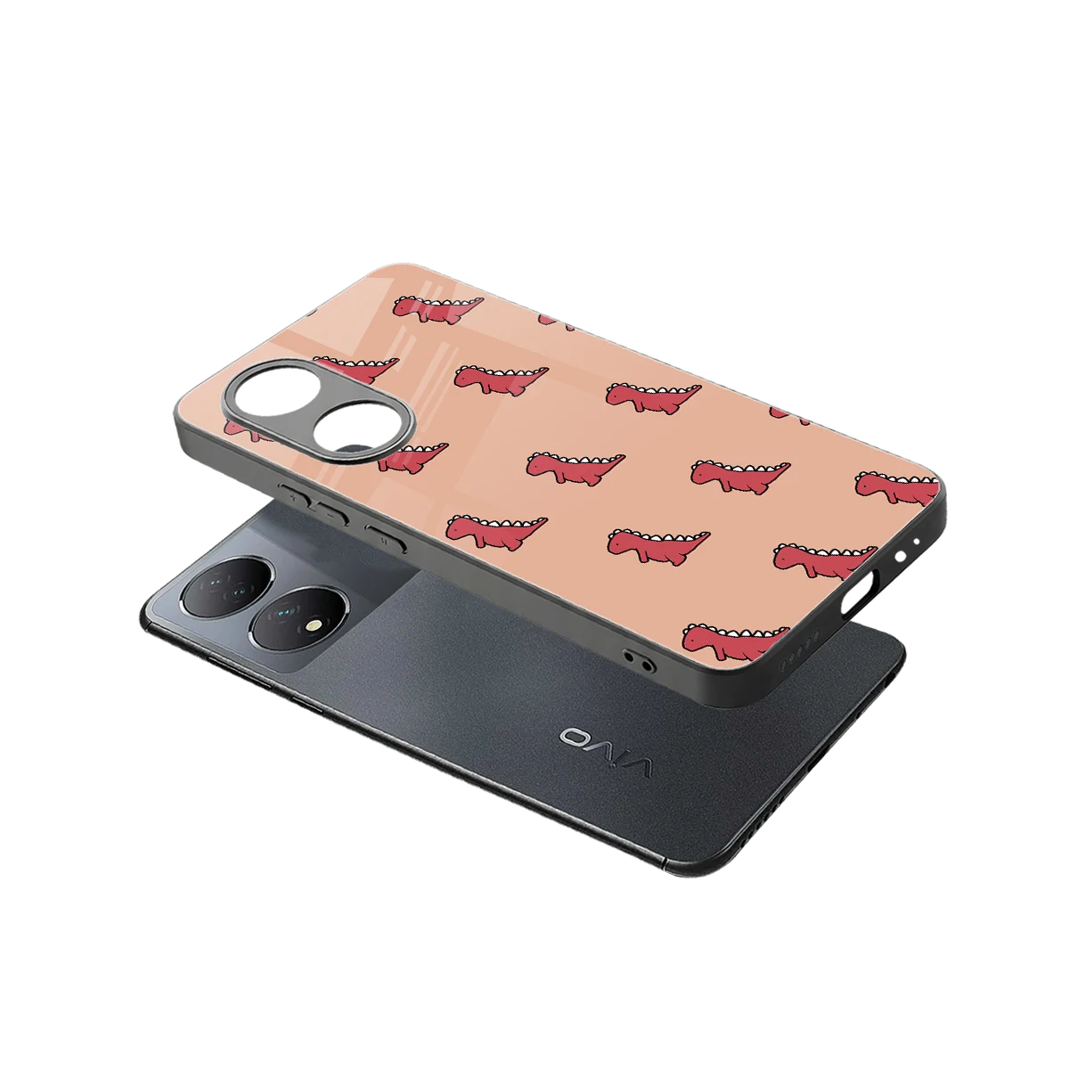 Dino Red sleek Vivo-y100 cover with tempered glass back and TPU edges
