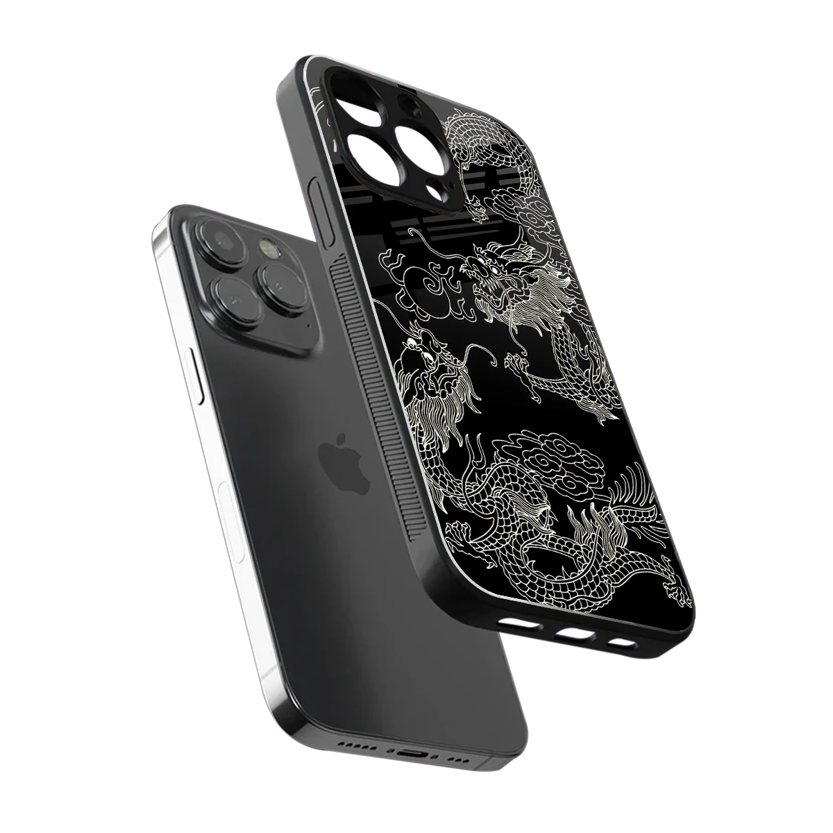 Dragons Black sleek iphone 13 pro max cover with tempered glass back and TPU edges