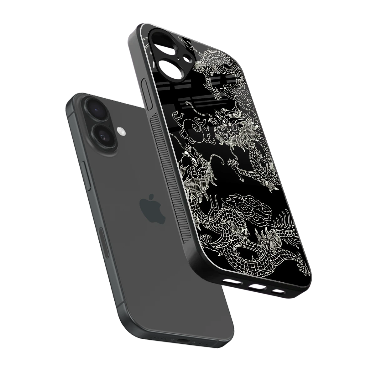 Dragons Black sleek iPhone 16 cover with tempered glass back and TPU edges