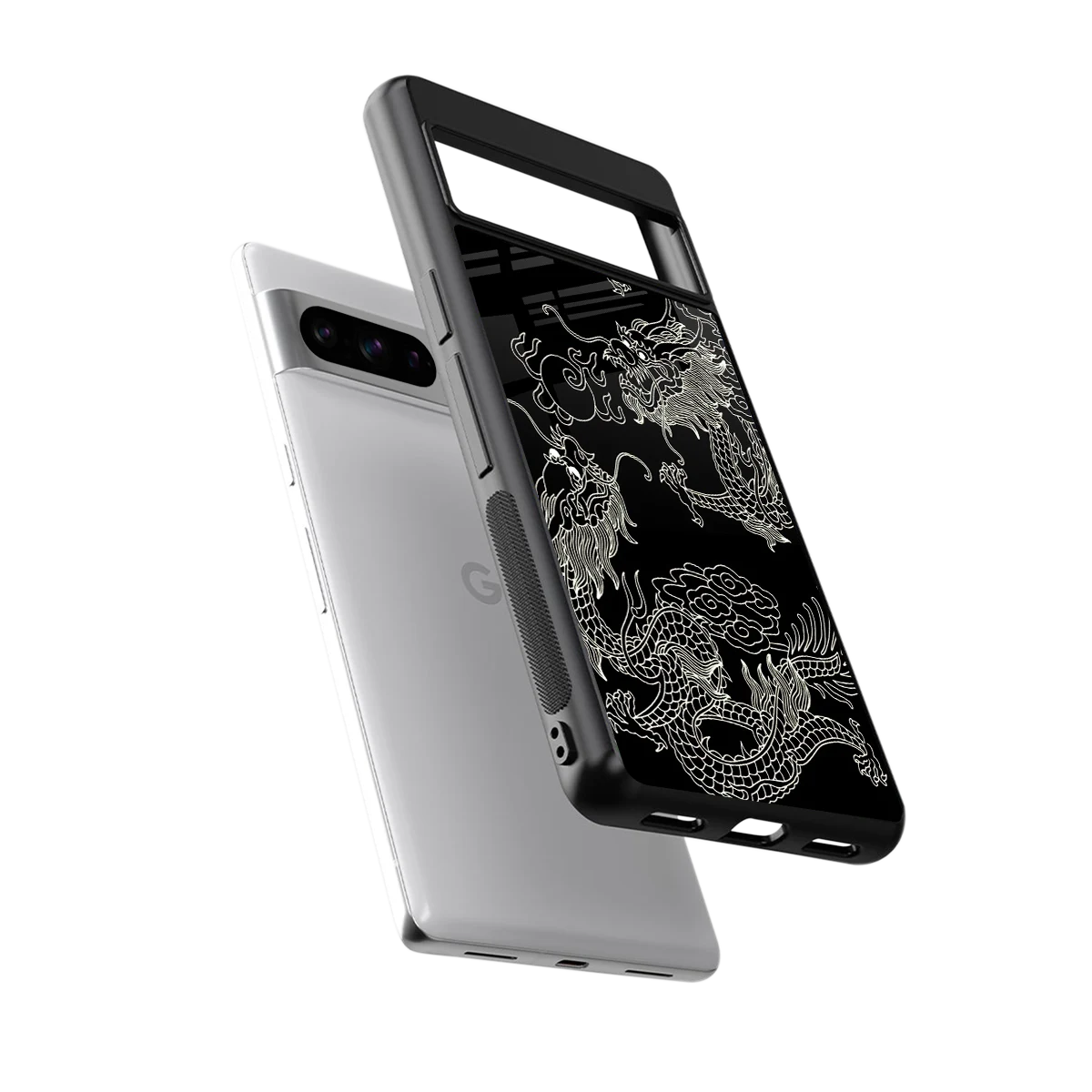 Dragons Black sleek google pixel 8 pro cover with tempered glass back and TPU edges