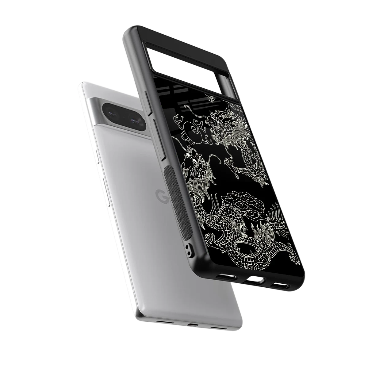 Dragons Black sleek google pixel 8 cover with tempered glass back and TPU edges