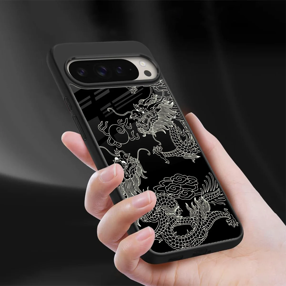 Dragons Black sleek google pixel 9 pro cover with tempered glass back and TPU edges