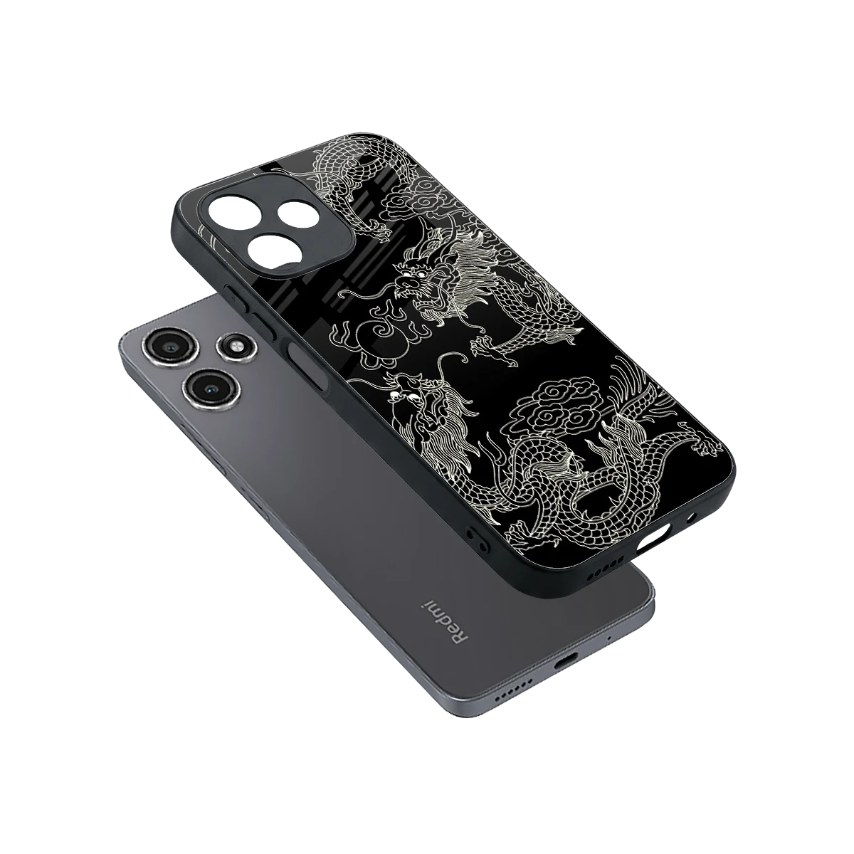 Dragons Black sleek redmi 12 5g cover with tempered glass back and TPU edges
