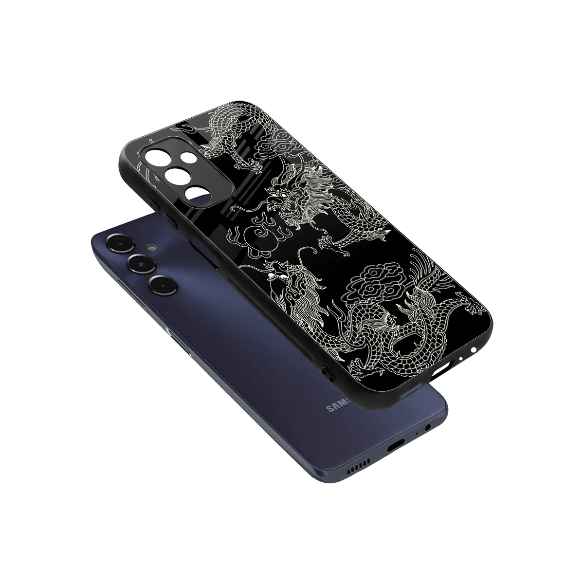 Dragons Black sleek samsung galaxy m14 5g cover with tempered glass back and TPU edges