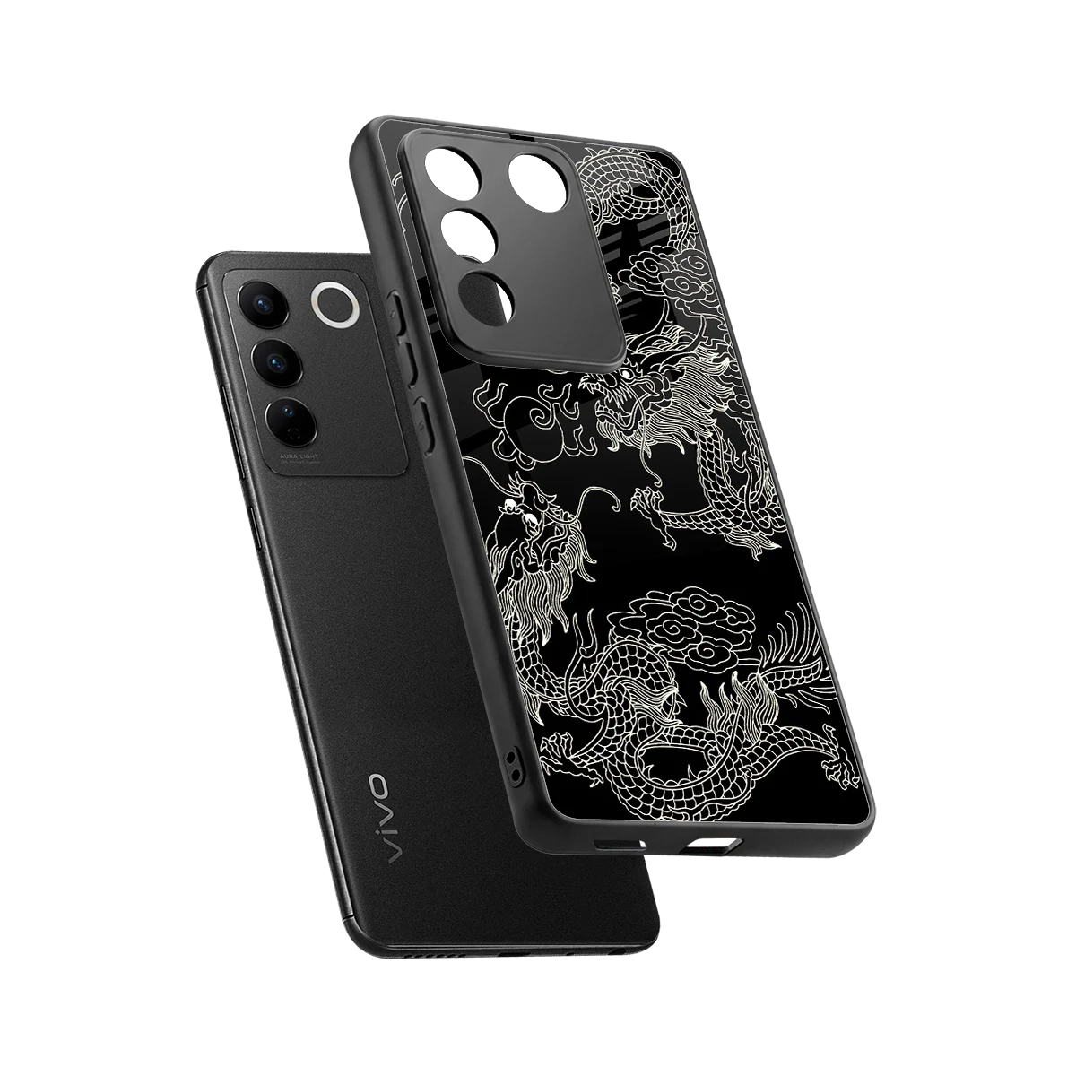 Dragons Black sleek vivo v27 5g cover with tempered glass back and TPU edges