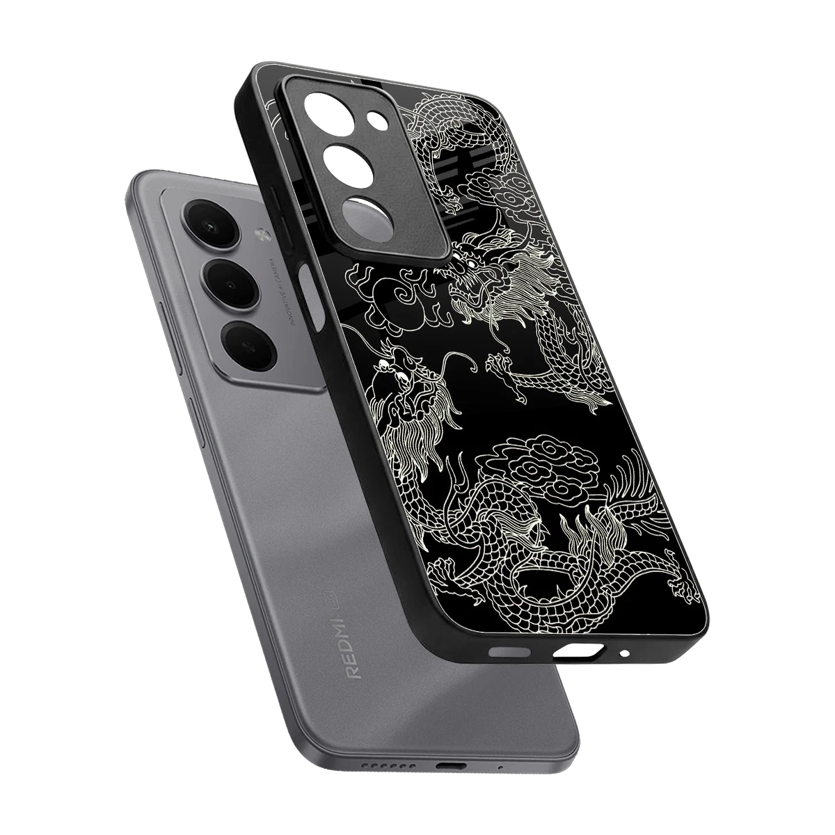Dragons Black sleek redmi 15 5g cover with tempered glass back and TPU edges