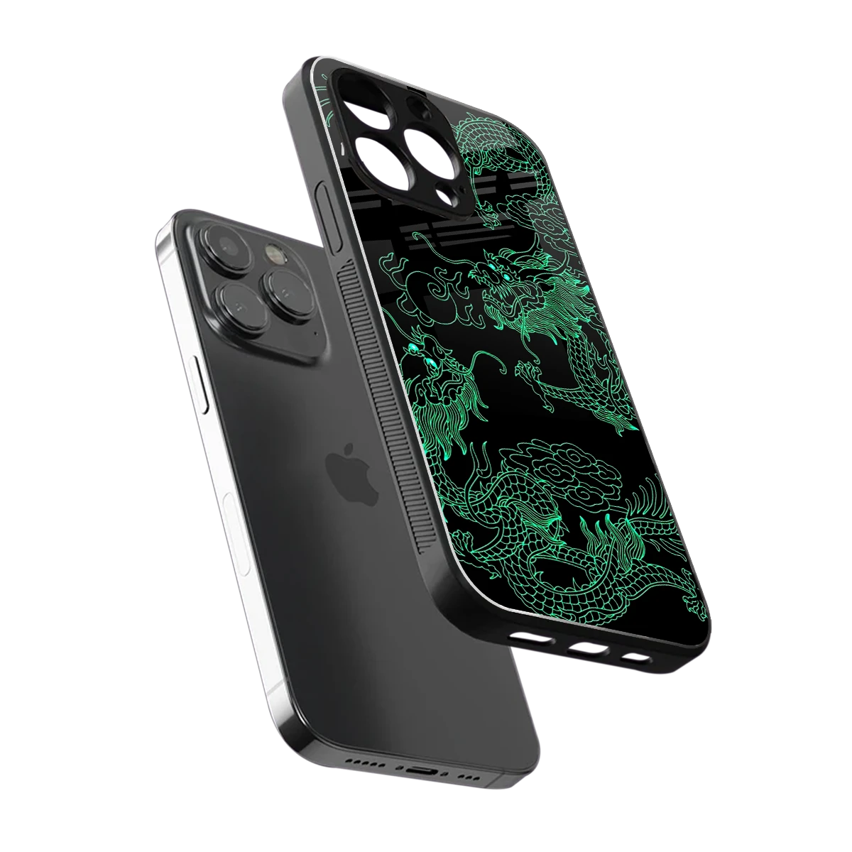 Dragons Green sleek iphone 15 pro max cover with tempered glass back and TPU edges