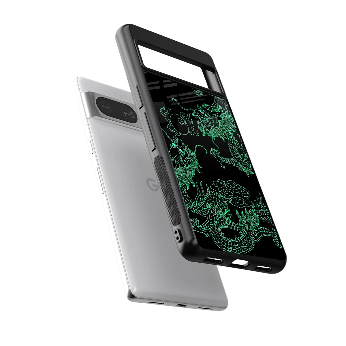 Dragons Green sleek google pixel 8 cover with tempered glass back and TPU edges