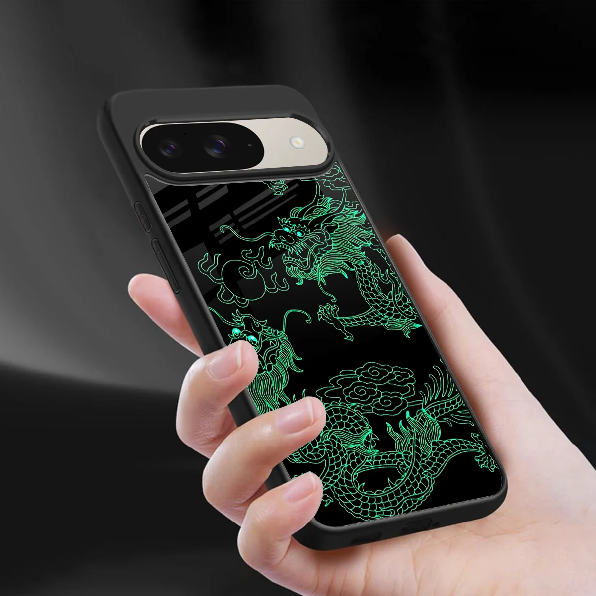 Dragons Green sleek google pixel 9 cover with tempered glass back and TPU edges