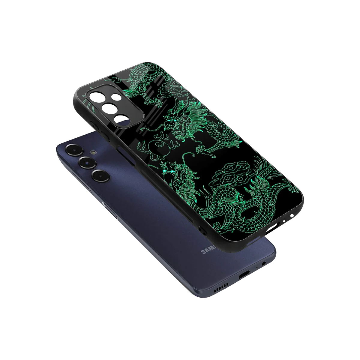 Dragons Green sleek samsung galaxy m14 5g cover with tempered glass back and TPU edges