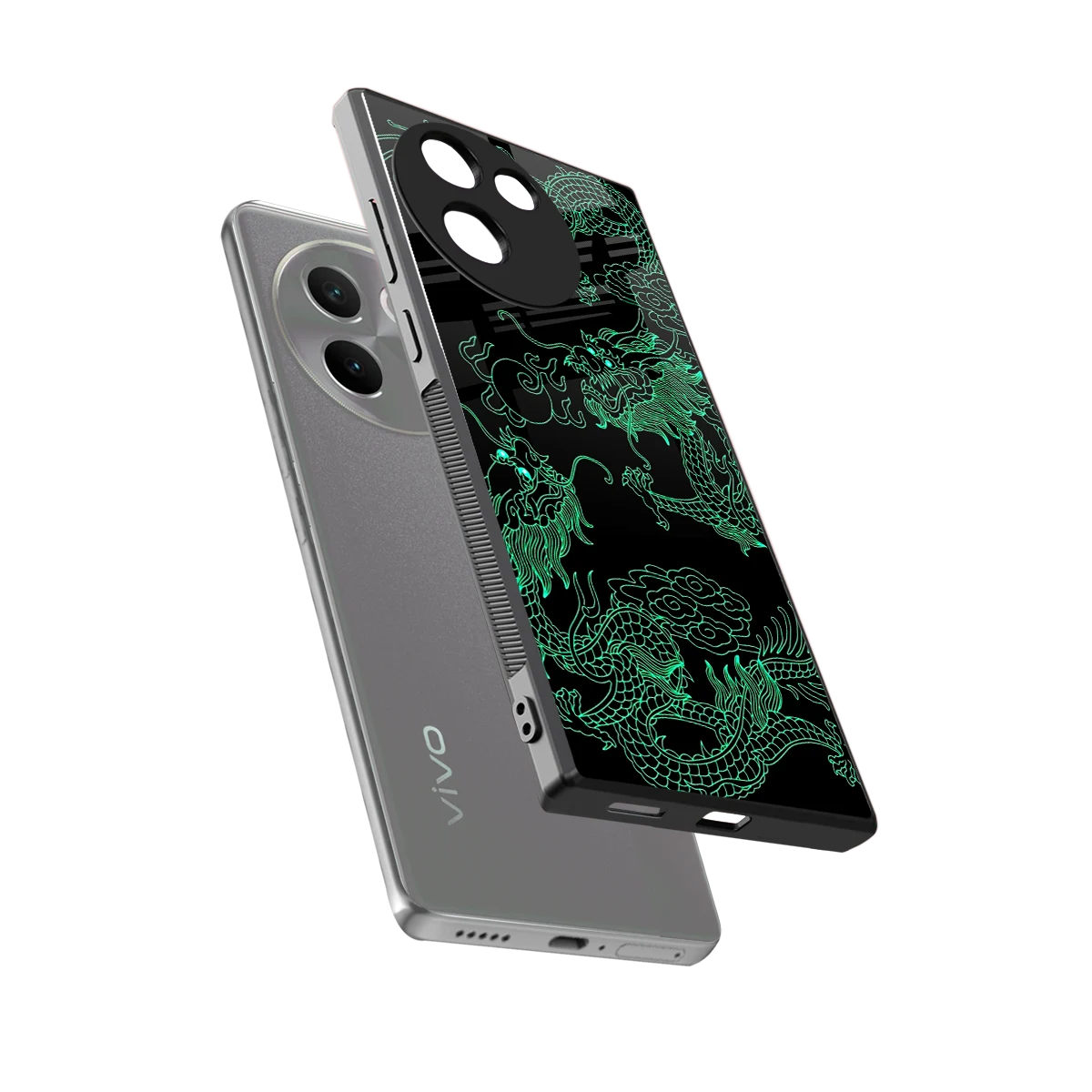 Dragons Green sleek vivo v30e cover with tempered glass back and TPU edges