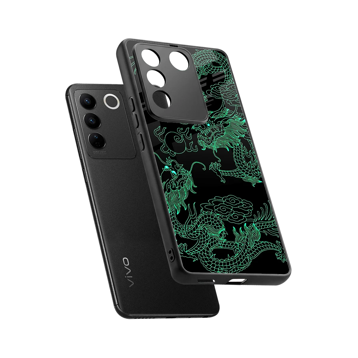 Dragons Green sleek vivo v27 5g cover with tempered glass back and TPU edges