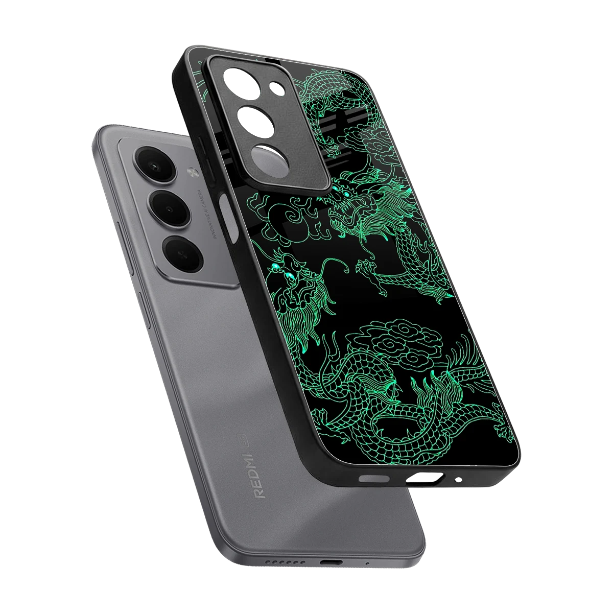 Dragons Green sleek redmi 15 5g cover with tempered glass back and TPU edges