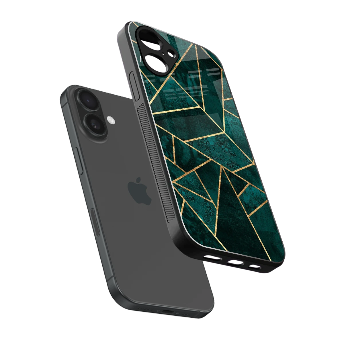 Emerald Geometry sleek iPhone 16 cover with tempered glass back and TPU edges