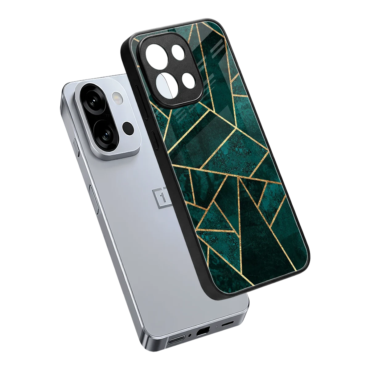 Emerald Geometry sleek oneplus 13s cover with tempered glass back and TPU edges