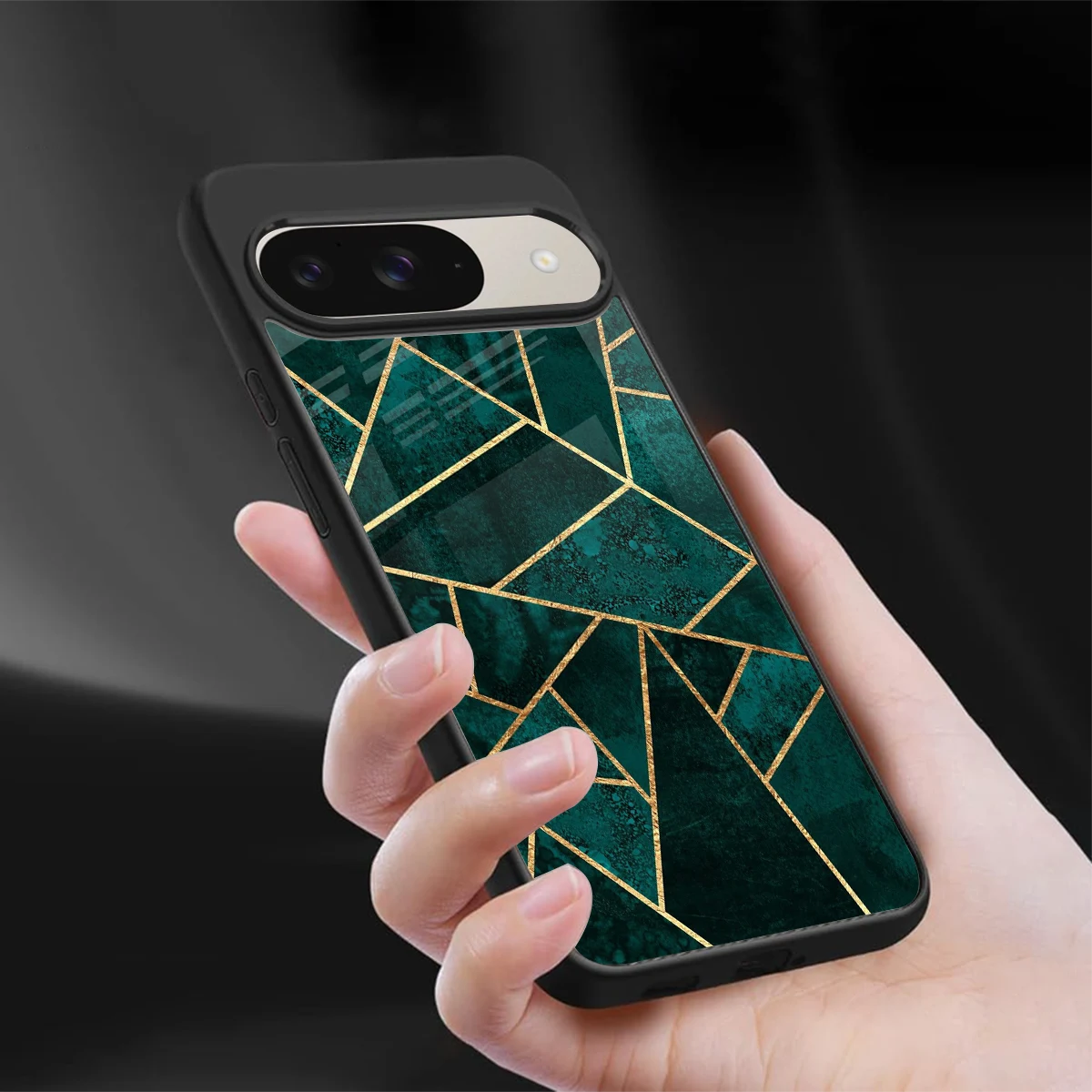 Emerald Geometry sleek google pixel 9 cover with tempered glass back and TPU edges