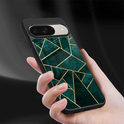 Emerald Geometry sleek google pixel 9 cover with tempered glass back and TPU edges