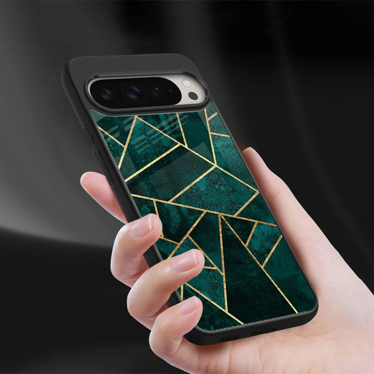 Emerald Geometry sleek google pixel 9 pro cover with tempered glass back and TPU edges