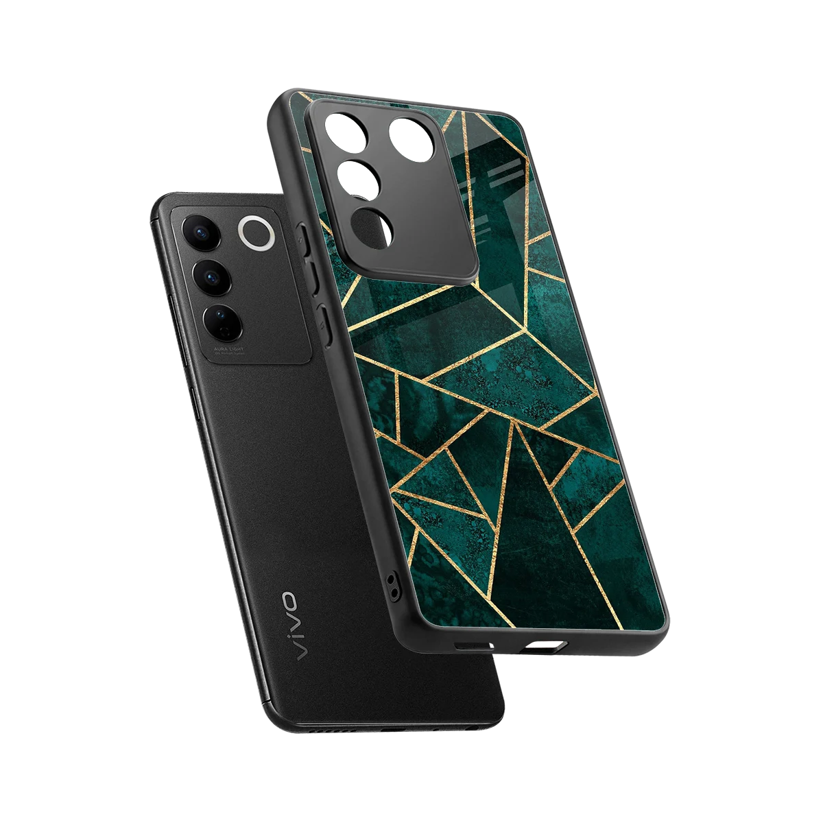 Emerald Geometry sleek vivo v27 5g cover with tempered glass back and TPU edges