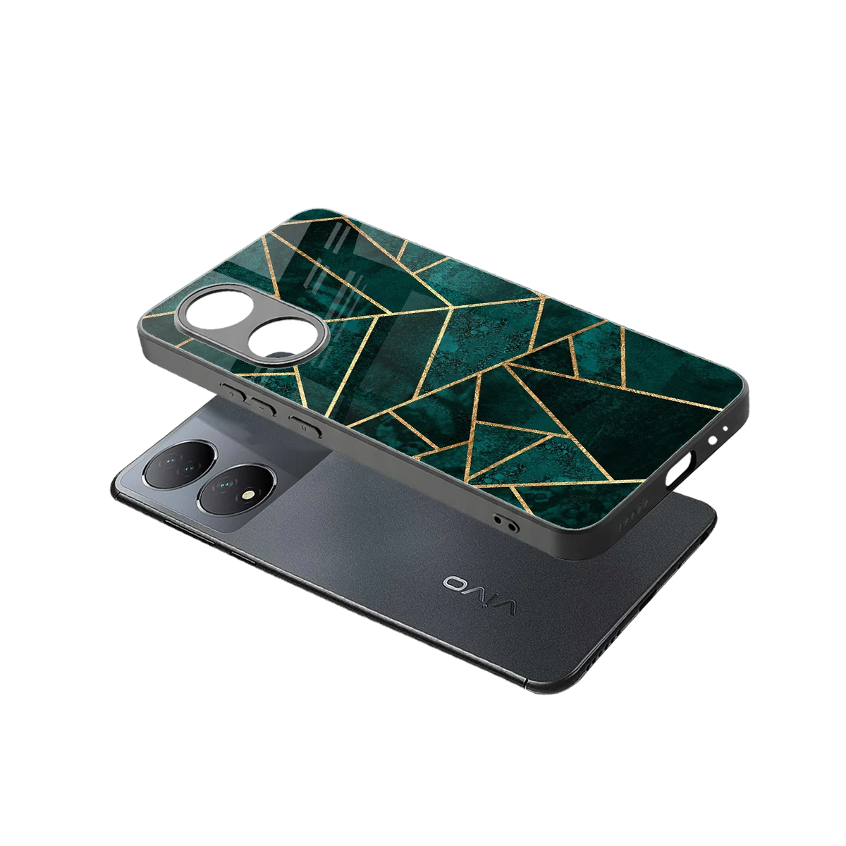 Emerald Geometry sleek Vivo-y100 cover with tempered glass back and TPU edges