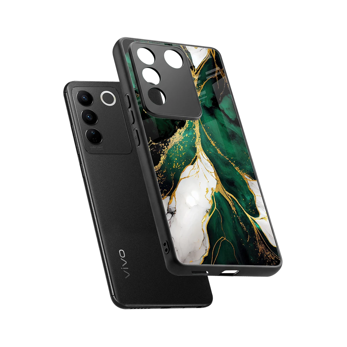 Emerald Luxe sleek vivo v27 5g cover with tempered glass back and TPU edges