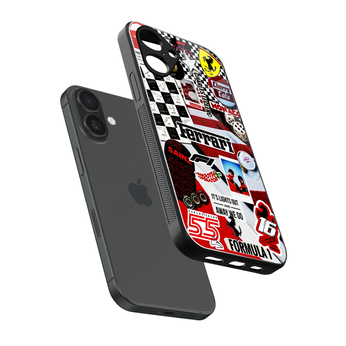 F1 Icon sleek iPhone 16 cover with tempered glass back and TPU edges